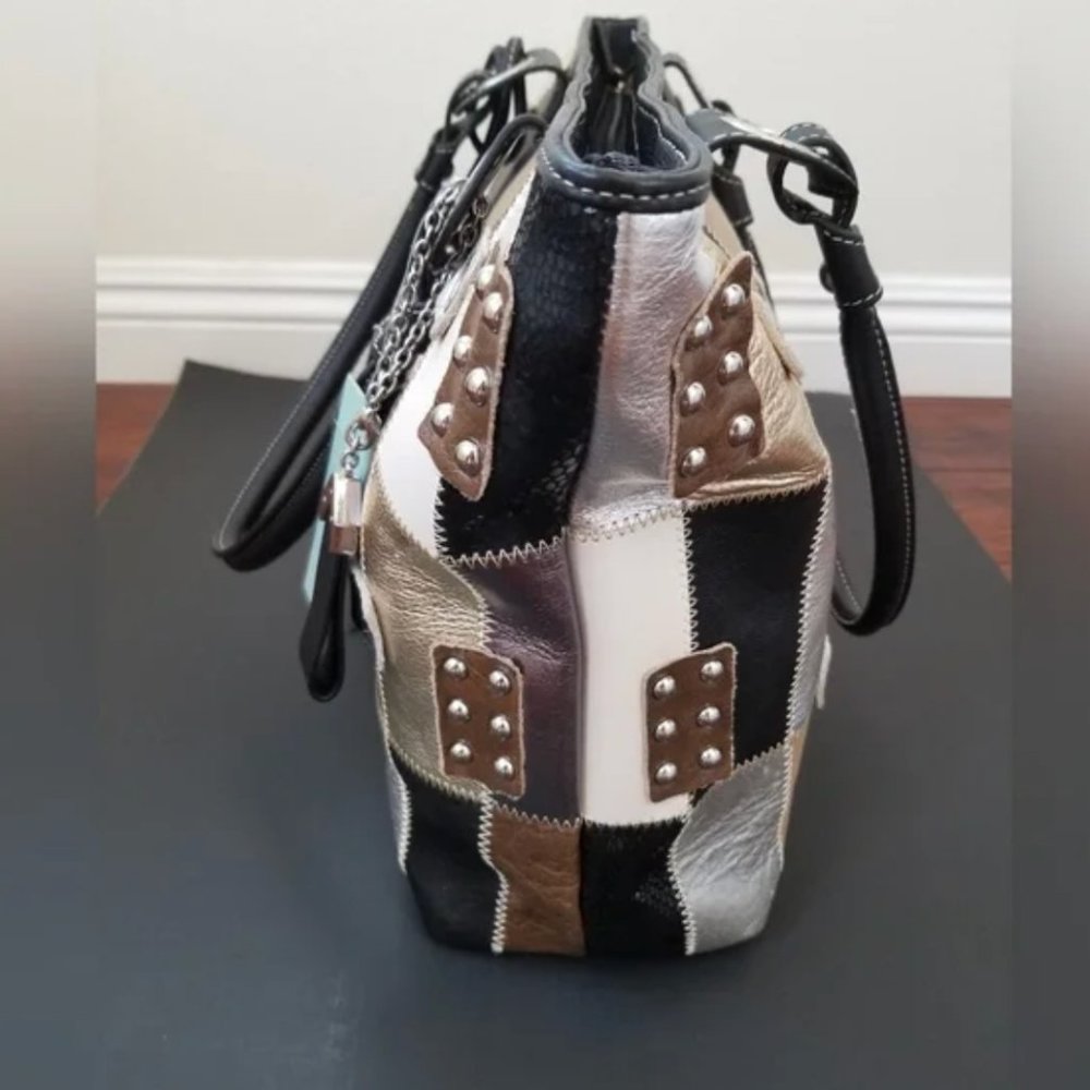 NWT DESIGNER DIRECT!! AQUA MADONNA Large Leather Patchwork Tote - Picture 5 of 8